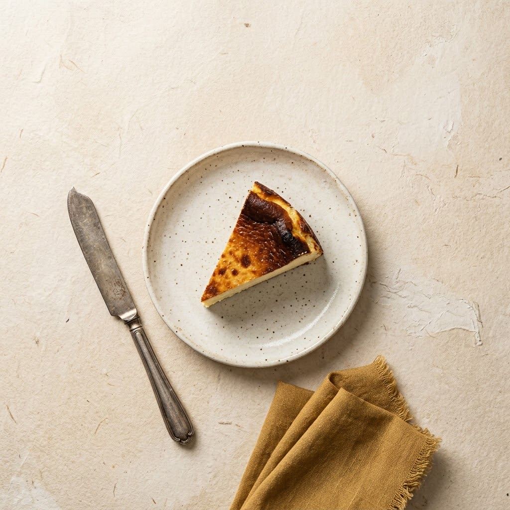 Rebanada de tarta vasca en plato con cuchillo y servilleta mostaza